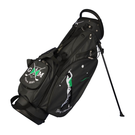 Custom stitched golf bag / stand bag in black. Waterproof. Ball pocket and large side pocket personalized